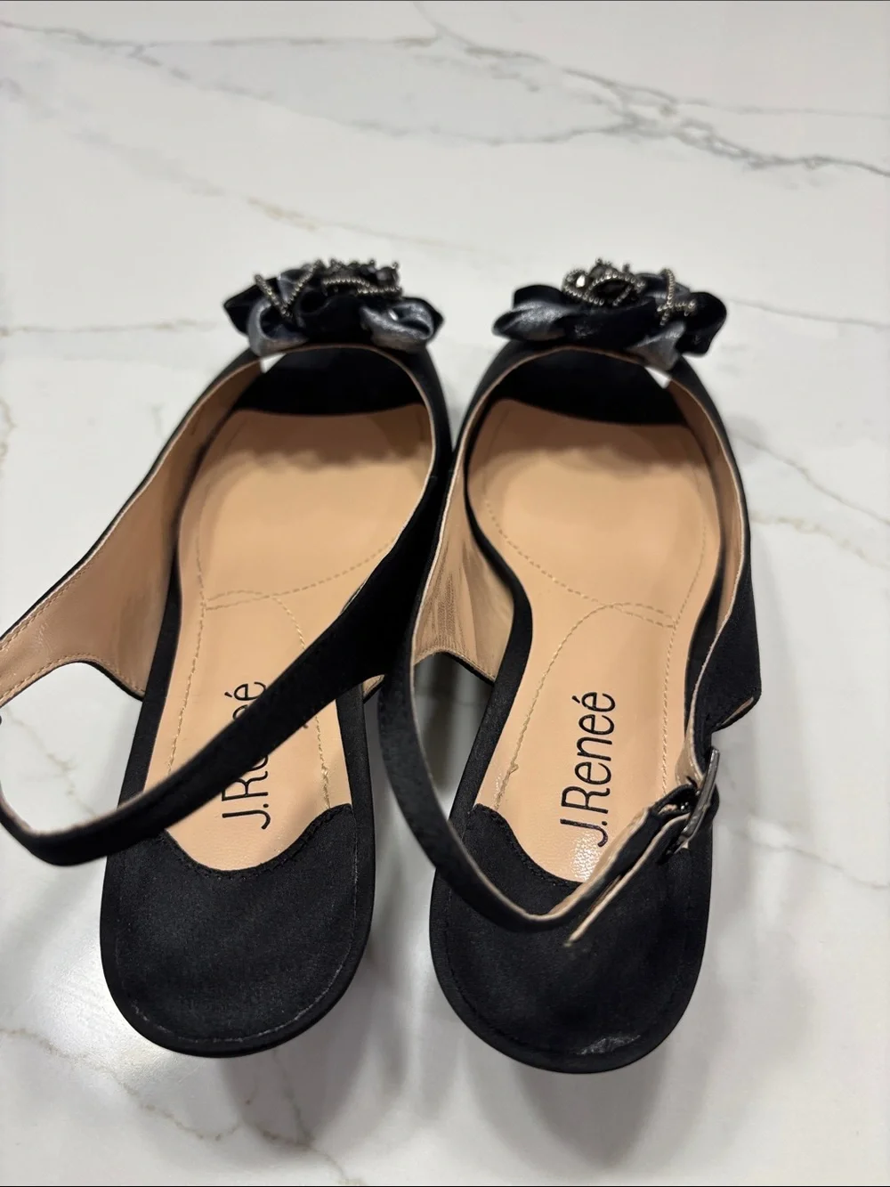 J.Renee Black Satin Slingback Heel with Floral Jewel Accent